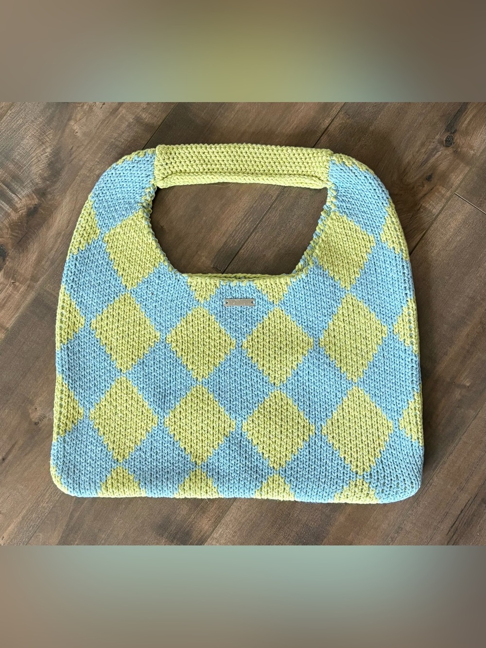 Kopari Beauty Blue and Yellow Diamond Knit Bag Limited Edition Resort Cottage